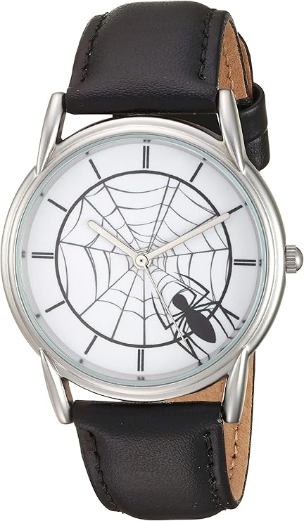 marvel漫威男式蜘蛛侠模拟石英手表皮革表带黑色18型号wma000400